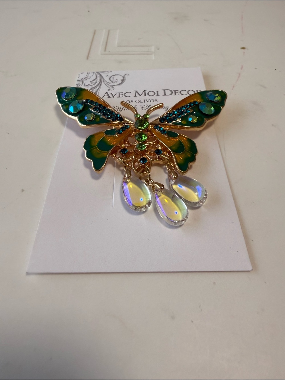 Gold-Tone Butterfly Brooch with Green Enamel and Iridescent Drops - Picture 2 of 3